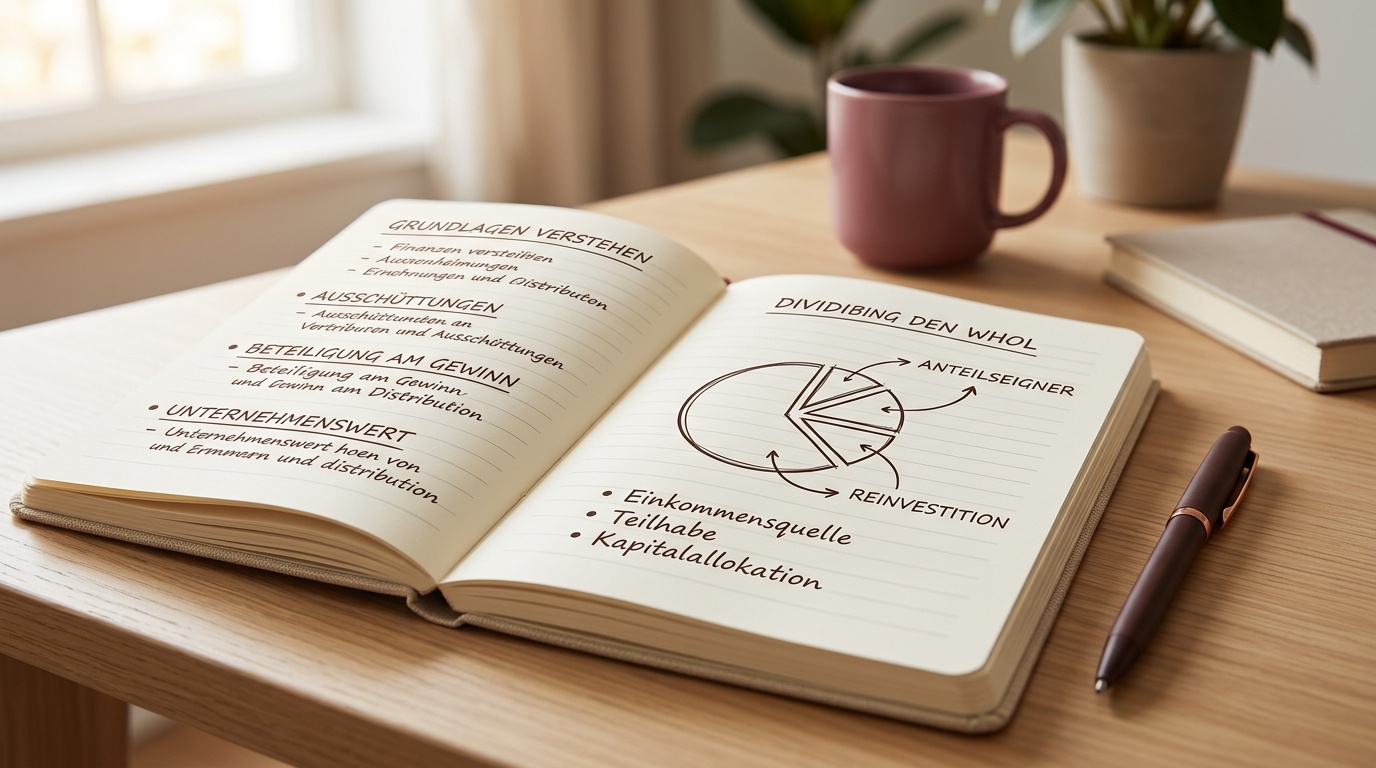 Aufgeschlagenes Notizbuch mit handschriftlichen Notizen zu ausschüttenden Aktien auf einem hellen Schreibtisch