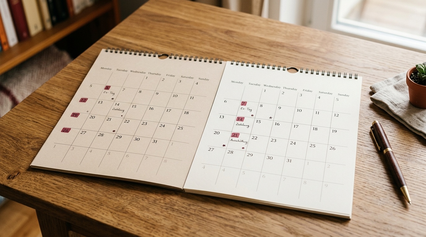 Aufgeschlagener Kalender mit einzelnen markierten Terminen auf einem warmen Holztisch