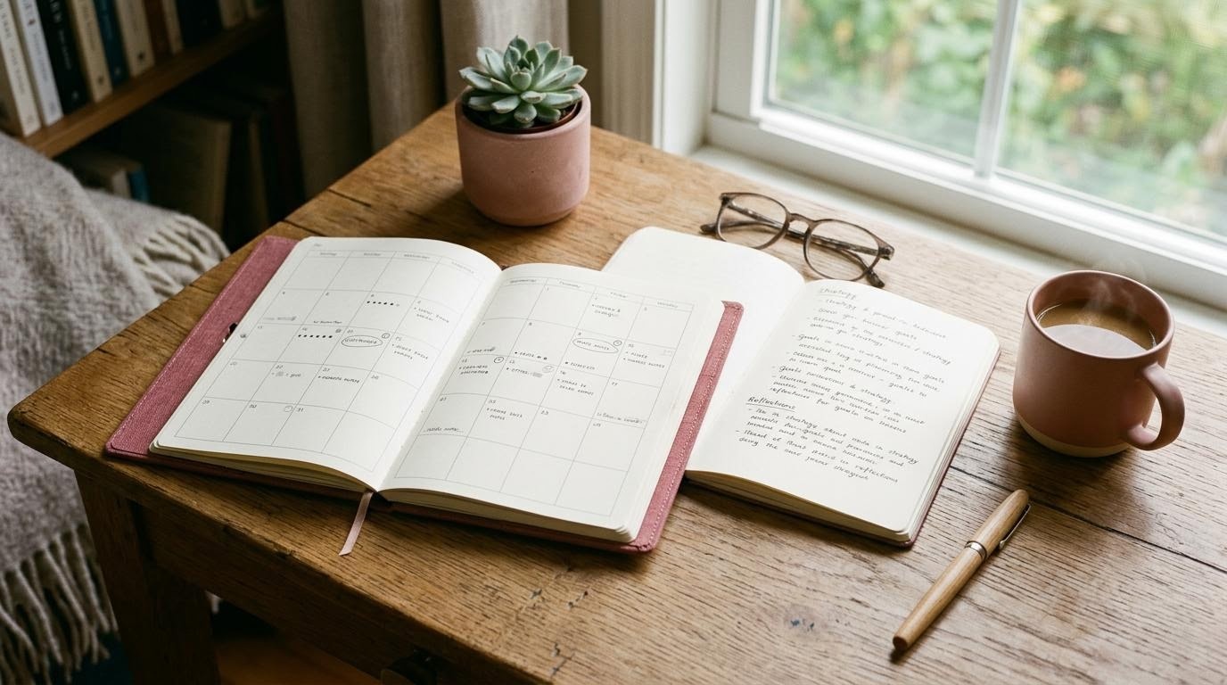 Ruhiger Schreibtisch in Aufsicht mit Kalender, Notizbuch und einer Tasse Kaffee