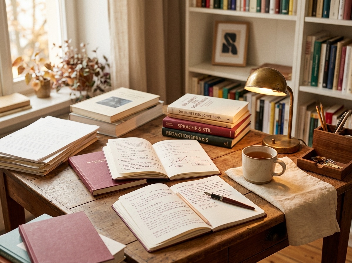 Redaktioneller Arbeitsplatz mit aufgeschlagenen Notizen, Fachbüchern und einer Tasse in warmem Tageslicht